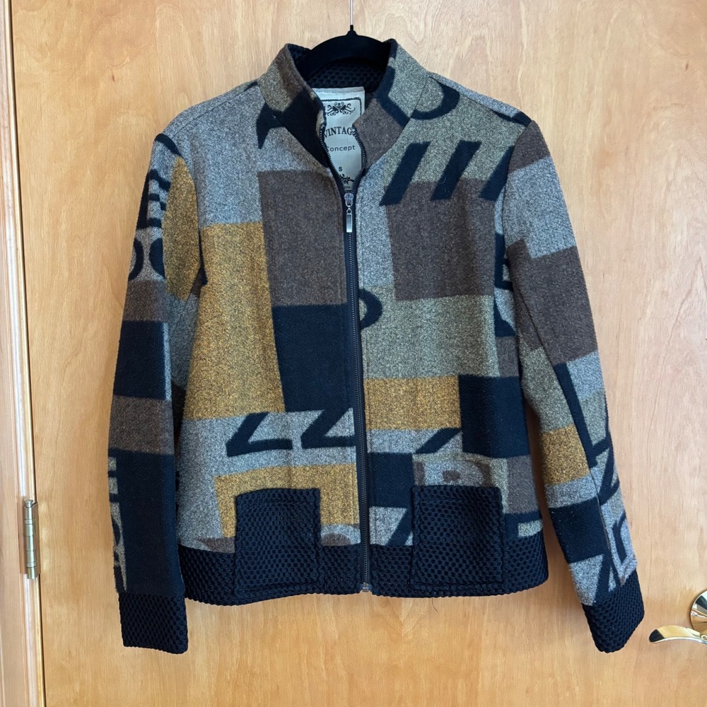 Vintage Concepts‎ Jacket Abstract Pattern Zip Up Textured Artsy Brown